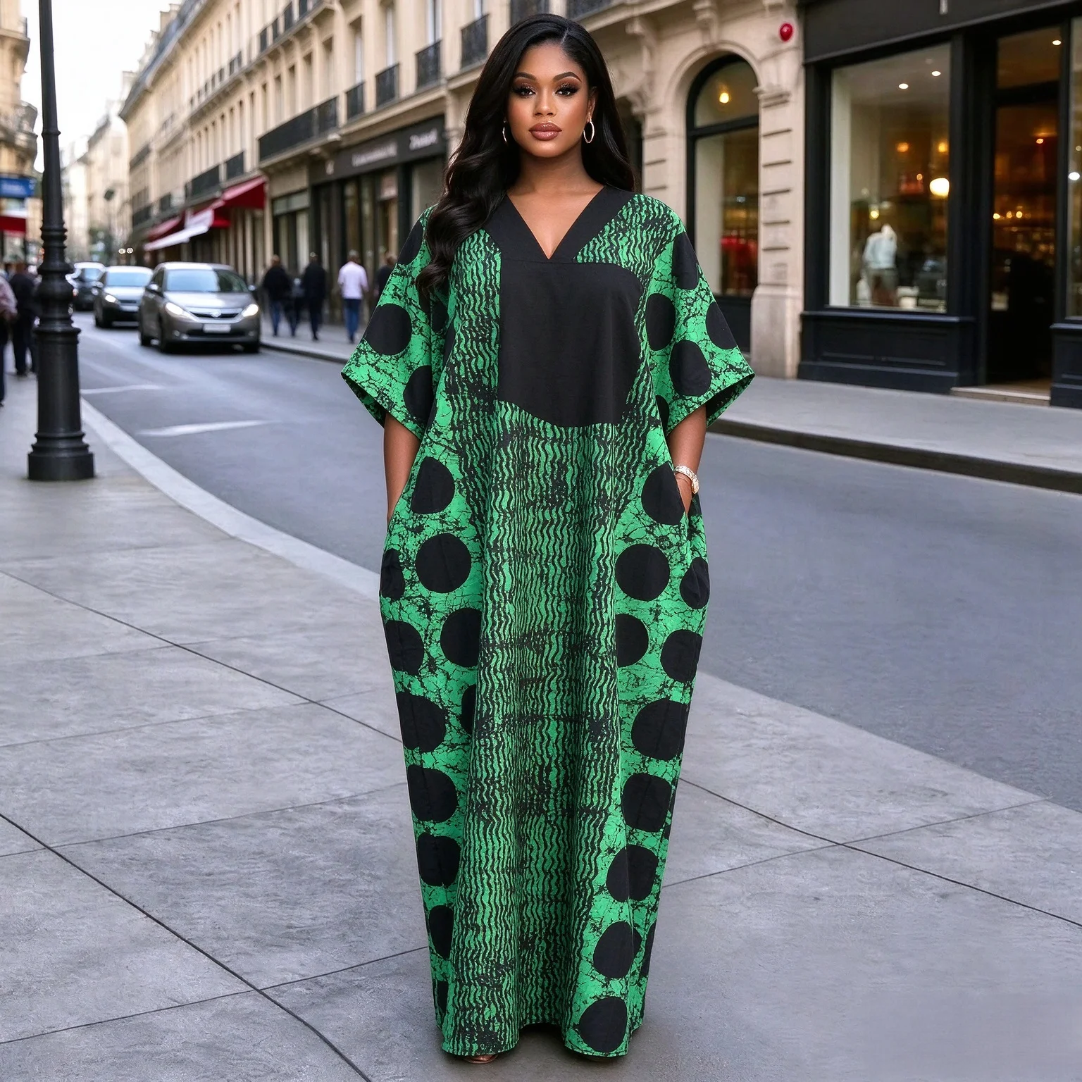 Fashionable Black Patchwork Loose Casual Boubou Women's Plus-Size V-Neck Short-Sleeve Party Holiday Print Dress Summer Slimming with Scarf and Pockets