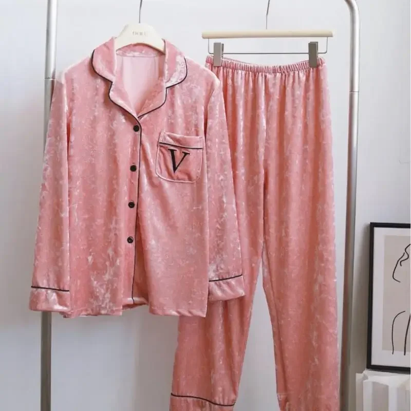 

Бархатные пижамы Femme, рубашка с длинными рукавами, брюки Pijama Mujer, теплая велюровая одежда для сна, женская осенне-зимняя домашняя одежда, одежда для дома