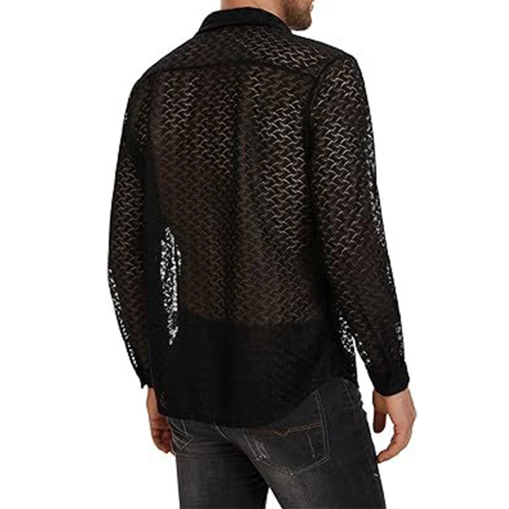 Men\'s Lace Perspective Shirt Fashion Solid Color Lapel Button Sexy Openwork Mesh Long Sleeve Shirt Holiday Casual Top