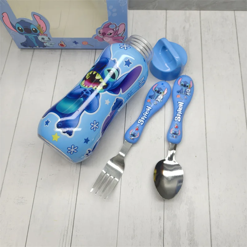 3-delige set Disney-Anime Stitch waterflesset voor kinderen, draagbaar servies, cartoon kinderlepel, vork, buiten, cadeau,
