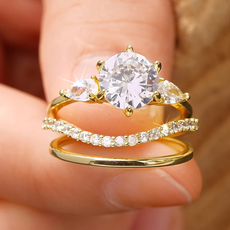 Huitan declaración 3 uds conjunto de anillos de circonia cúbica para mujer para fiesta de boda Color dorado temperamento anillos de dedo femeninos joyería de moda