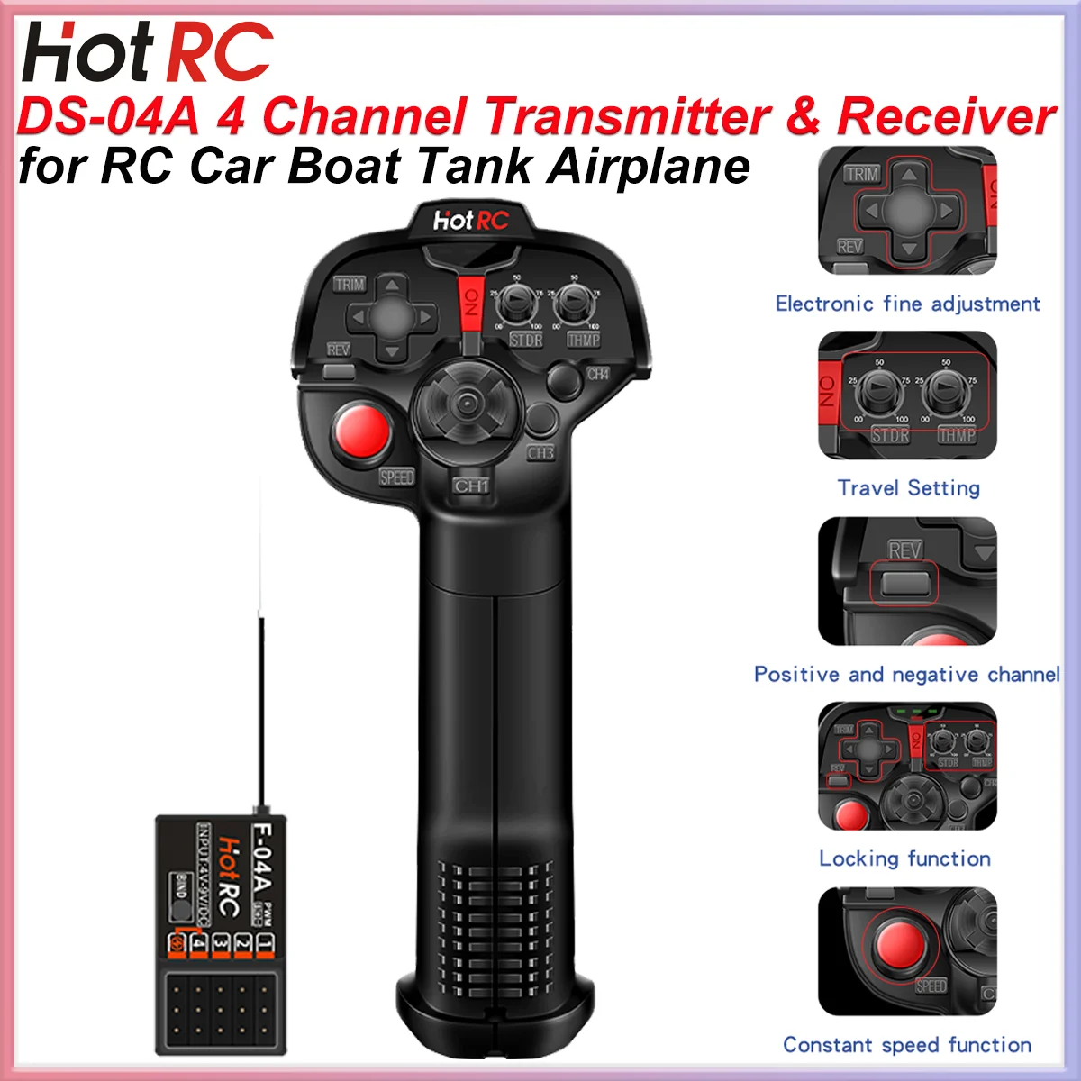 

HotRC DS4A DS-4A 4-канальный передатчик одноручная радиосистема F-04A 4-канальный 2,4 ГГц приемник для радиоуправляемого автомобиля, лодки, танка, робота, модель игрушки