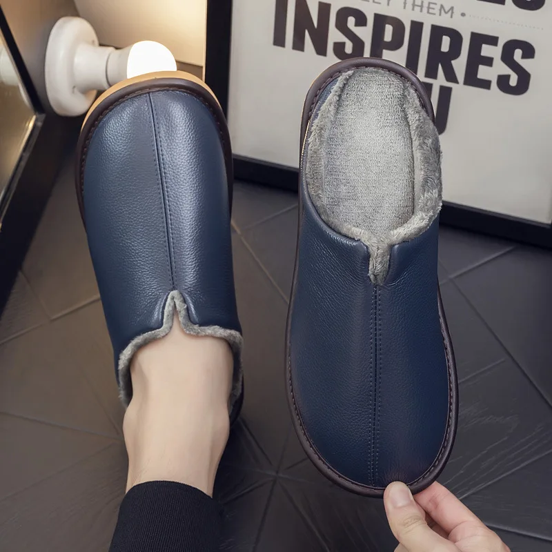 Winter Leather Slipper for Men Indoor Blue Bedroom Slippers Woman Concise Slides Faux Fur Mules Home Unisex Slipper Padded Warm