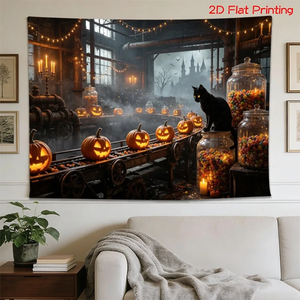 Steampunk Halloween Tapestry Black Cat Pumpkin Factory Wall Hanging, Industrial Gothic Decor Spooky Autumn Room Background Cloth