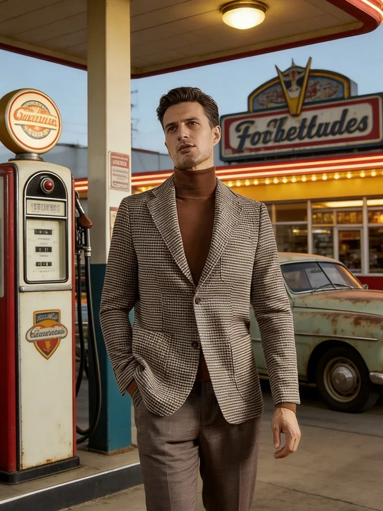 Only Men's Houndstooth Blazer 1PCS Luxury Peak Lapel Fall Winter with Pockets Slim Fit Blend Jacket For Classic Business Casual