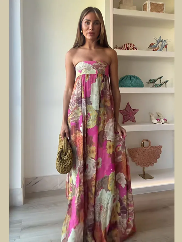 Chique bloemenprint geplooide lange jurk dames sexy strapless backless losse party vestidos 2025 zomer dame high street gewaden nieuw