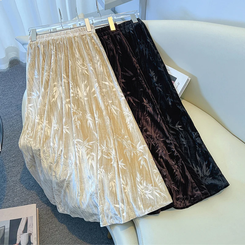 Chinese Style Bamboo Leaf Velvet Skirt For Women Autumn Winter Retro Embossed A-line Skirt Temperament Skirt Female