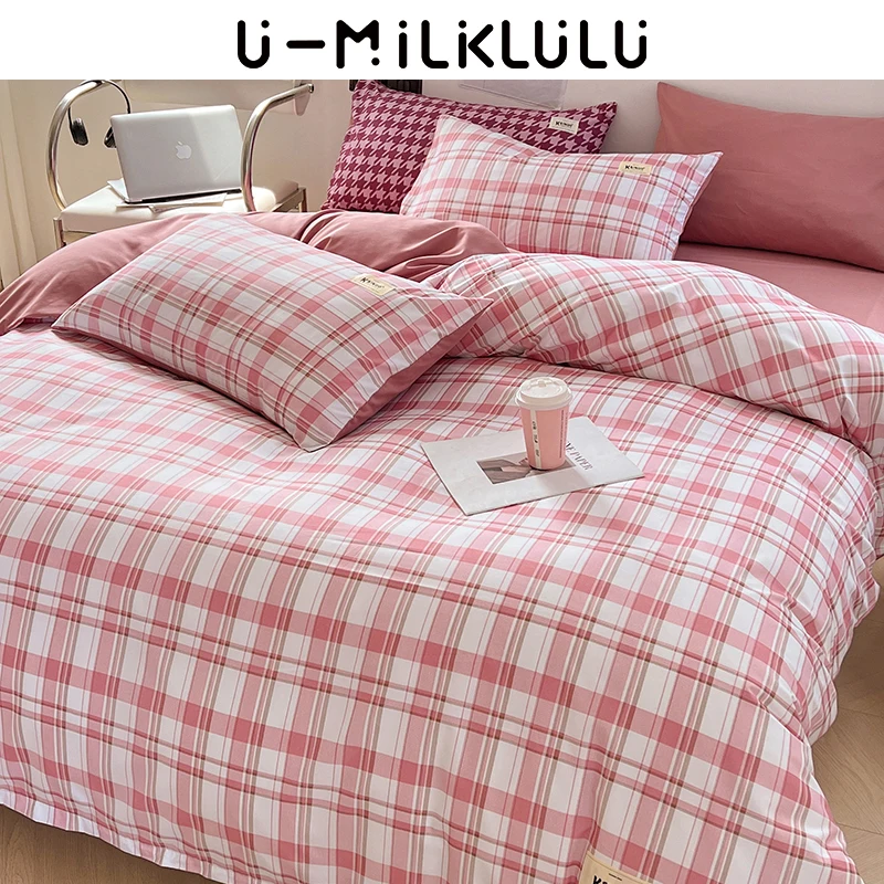 Pink Stripe Bedding Set Luxury Simple Iand Freshness Line Queen Comforter Cotton King Size Sheet Plaid Comfortable Duvet Cover