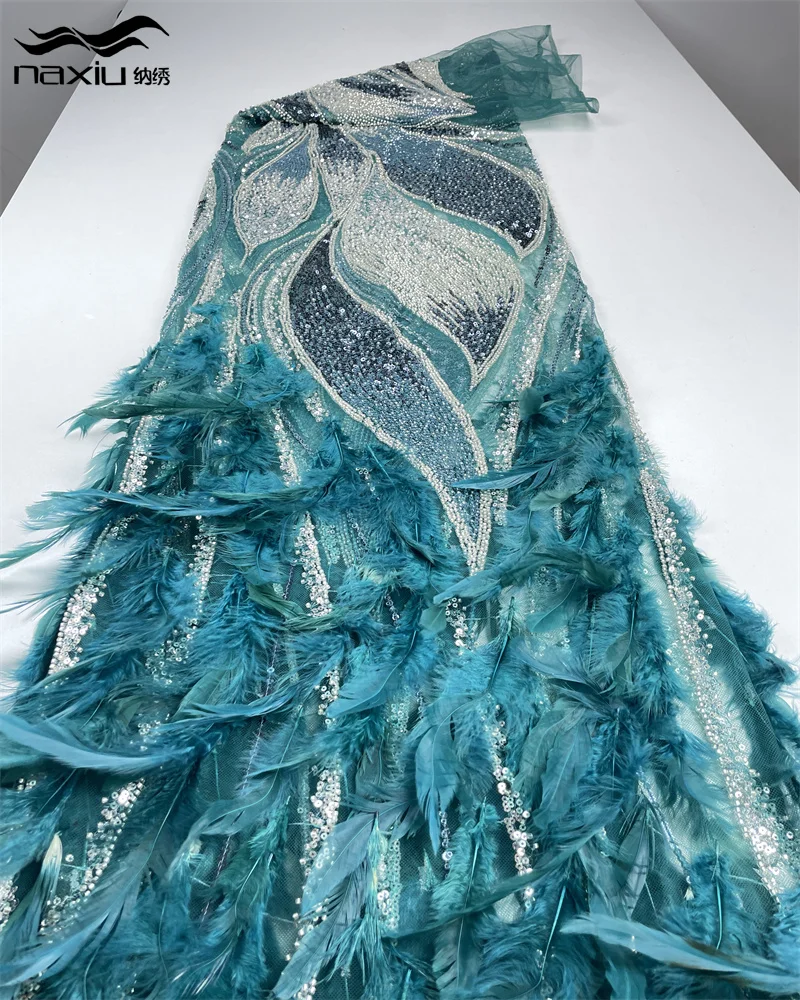 

Роскошная африканская 3D кружевная вышивка Madison с перьями, высокое качество, французская нигерийская кружевная ткань с блестками и бисером, женская свадебная ткань