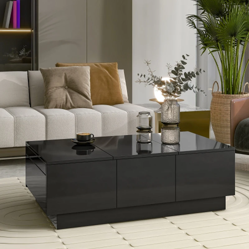 Mesa de centro con 2 compartimentos de almacenamiento ocultos grandes, mesa de cóctel extensible con 2 cajones, 39,3"x21,6", negra