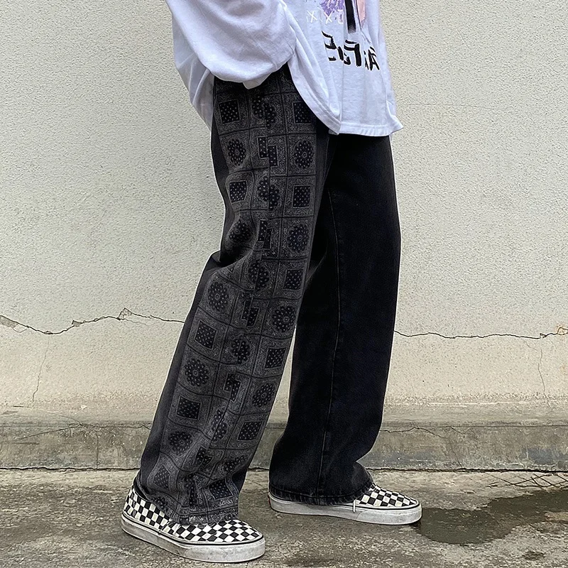 

High Street Washed Black Straight Leg Men's Jeans Trendy Brand Spring Autumn Loose Patchwork Wide Leg Pants Nut Flower Long T...