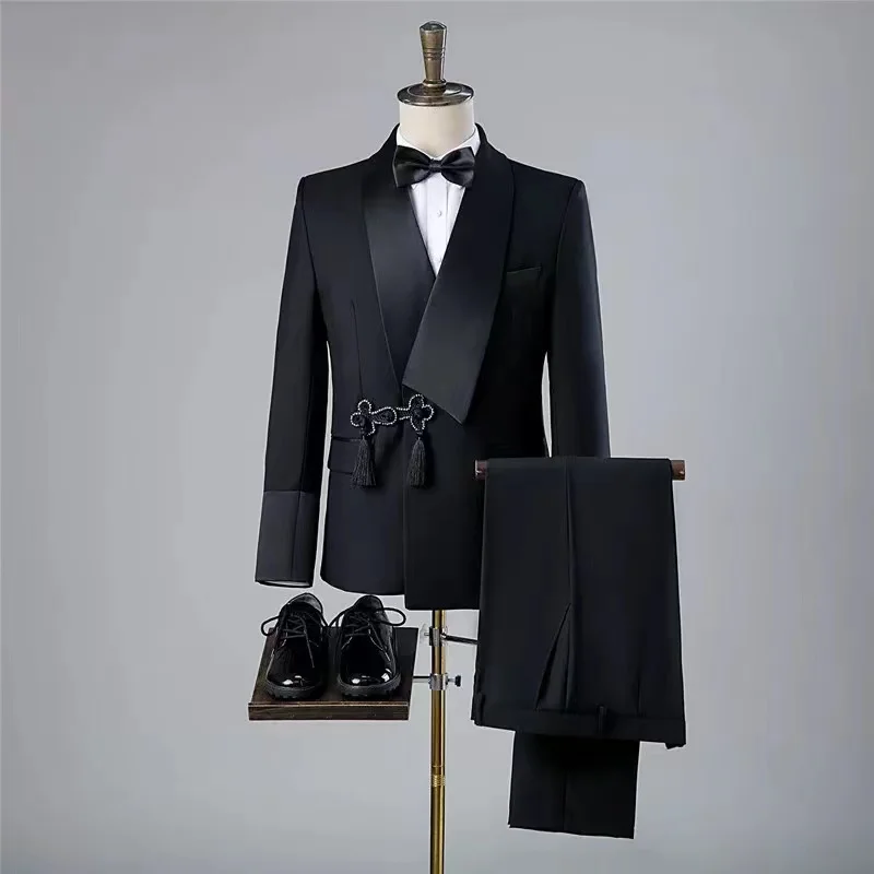 Trajes de graduación negros de rana Retro personalizados para hombres, esmoquin de moda para fiesta de novio Formal de boda, trajes de baile para