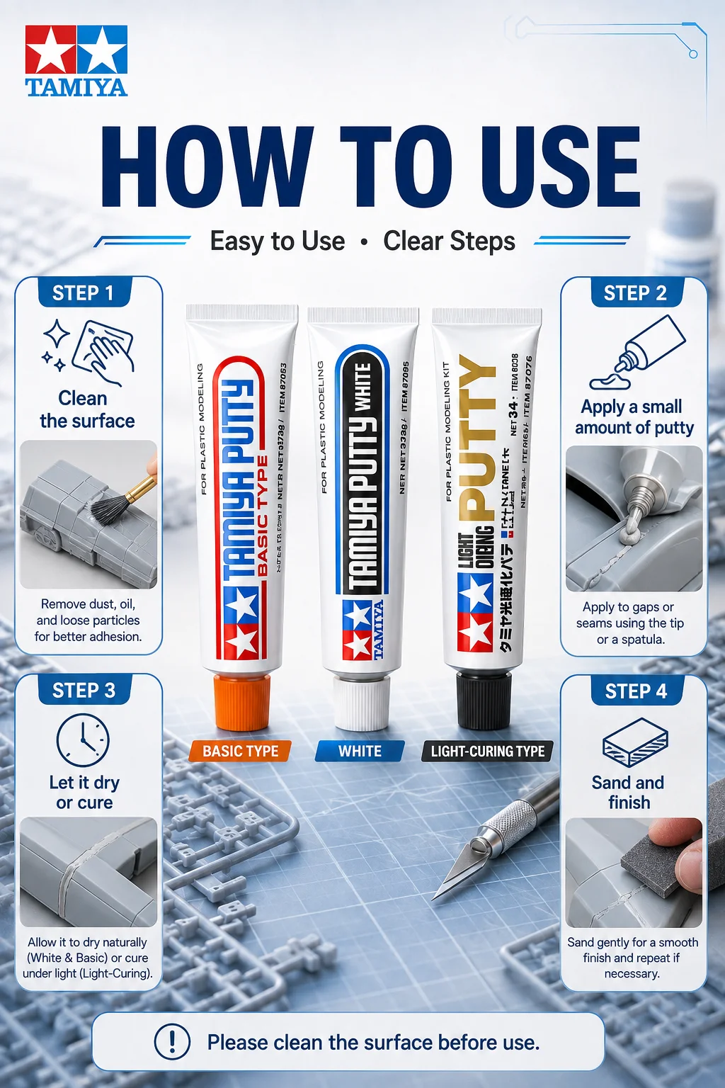 Großhandel Tamiya Putty 87053/87095/87076 Grau Weiß Zahnpasta Modell Werkzeug für Montage Figur Modellbau Reparatur Abdichten – Detail 7