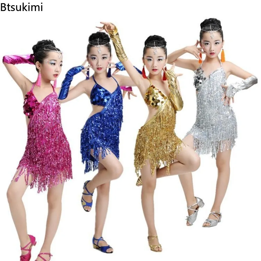 

2025 детское блестящее платье для латинских танцев, тренировочная форма с блестками и кисточками, униформа для соревнований по латинским танцам, костюмы для выступлений на сцене
