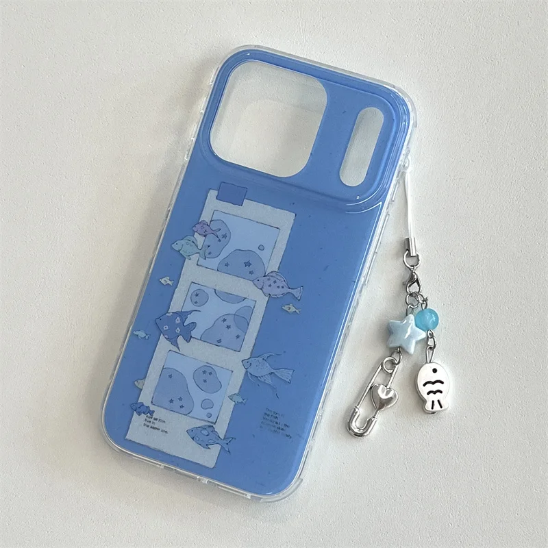Kawaii الكرتون فقاعة الأسماك قضية الهاتف آيفون 17 برو 14 15 16 برو ماكس الغطاء الخلفي مع قلادة للصدمات لطيف واقية