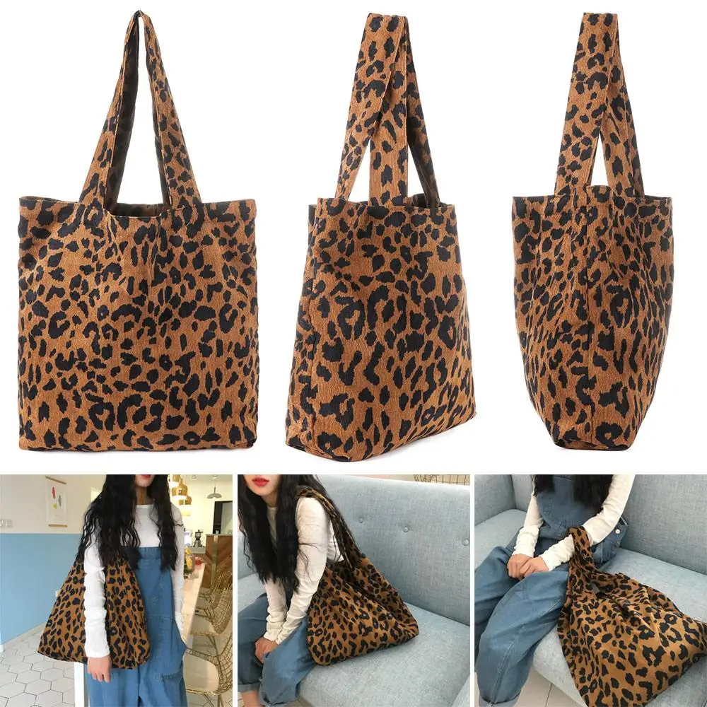 Fashion Women Large Corduroy Shoulder Bag Shopper Handbag Leopard Print Tote Bag