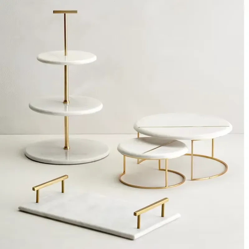 Three Tier Natural Marble Cake Stand Deluxe Food Display Rack for Dessert Party Wedding Decoration Elegant Serving Tray