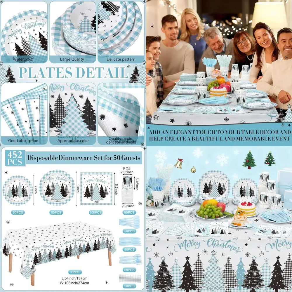 

Light Blue Christmas Party Supplies: 50-Piece Plaid Gingham Plates, Napkins, Cups, Tablecloth, Cutlery & Straws for Holiday Cele