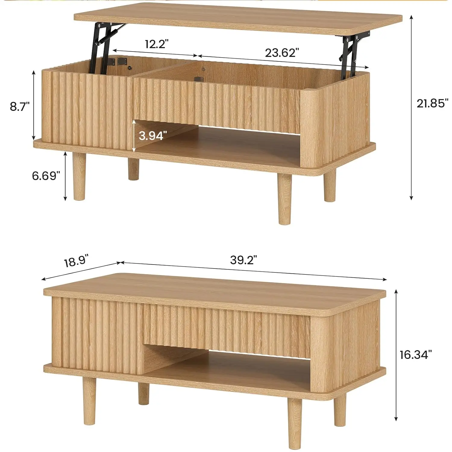 طاولة قهوة مخددة مجمعة بالكامل، سطح رفع، طاولة مركزية خشبية، طاولة قهوة حديثة مع حجرة مخفية ورف مفتوح، f #2