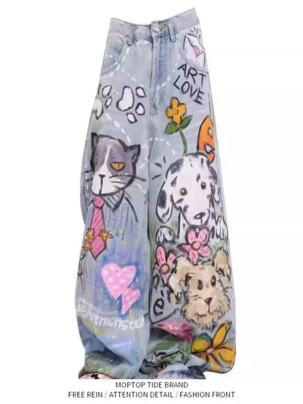 Retro American Hand-Drawn Graffiti Men's Jeans Loose Straight Leg Wide Leg Casual Trousers Autumn New Style Youth Vitality Style