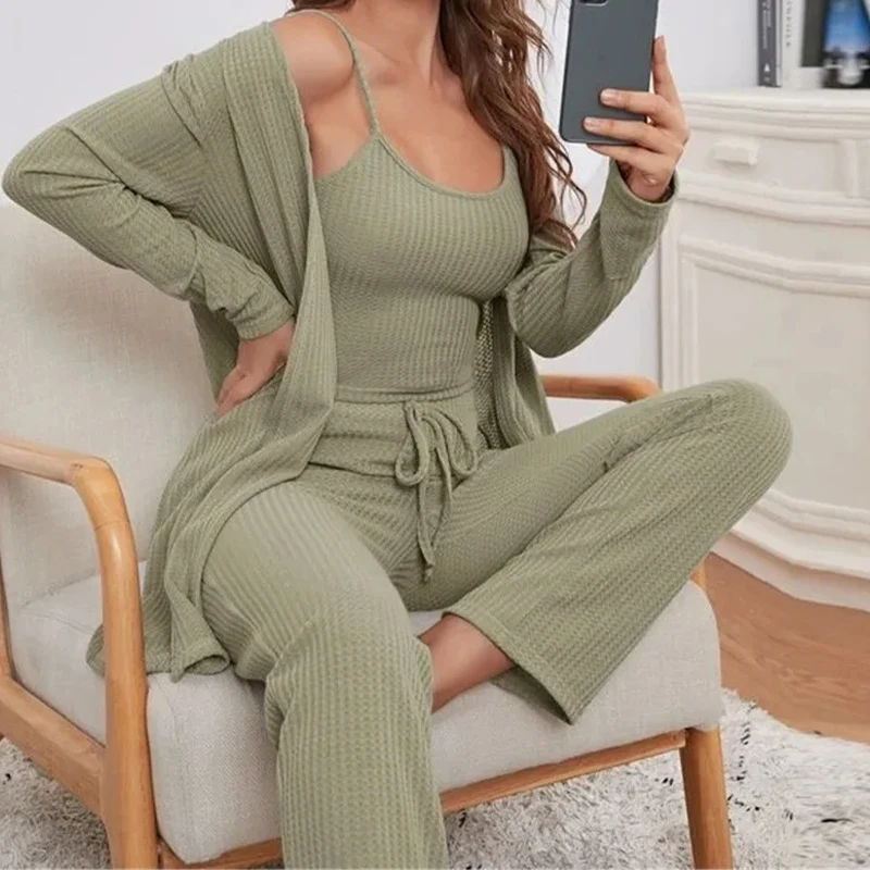 Three Piece Knitted Waffle Robe Premium Pajama Set for Women Sexy Solid Color Knitted Vest Pants Robe Pajama Set