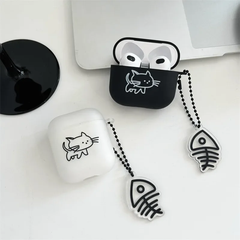 Fish Bones Cute Cat Case for AirPods 4 Airpod 1 2 3 Pro Pro2 Bluetooth Earbuds Charging Box Protective Earphone Case Cover