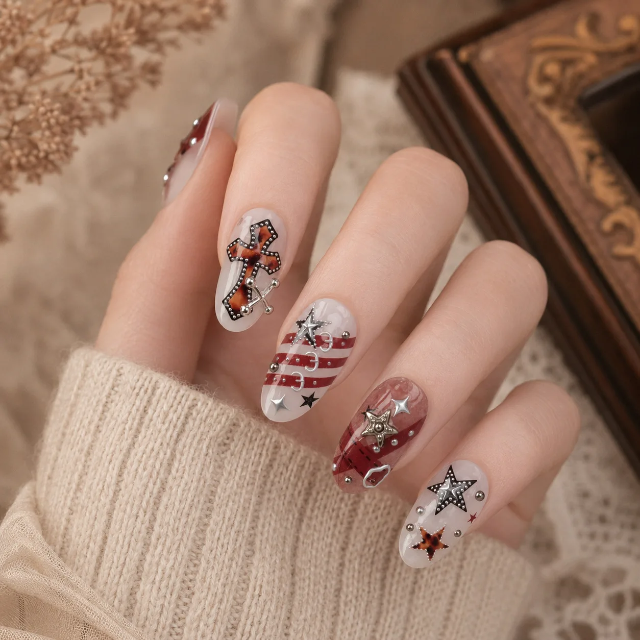 Long Strip Gold Dot Rivet Leopard Lily Star Belt Cross Bowknot 5D Nail Stickers Gothic Nail Decals DIY Art Accessories Stickers