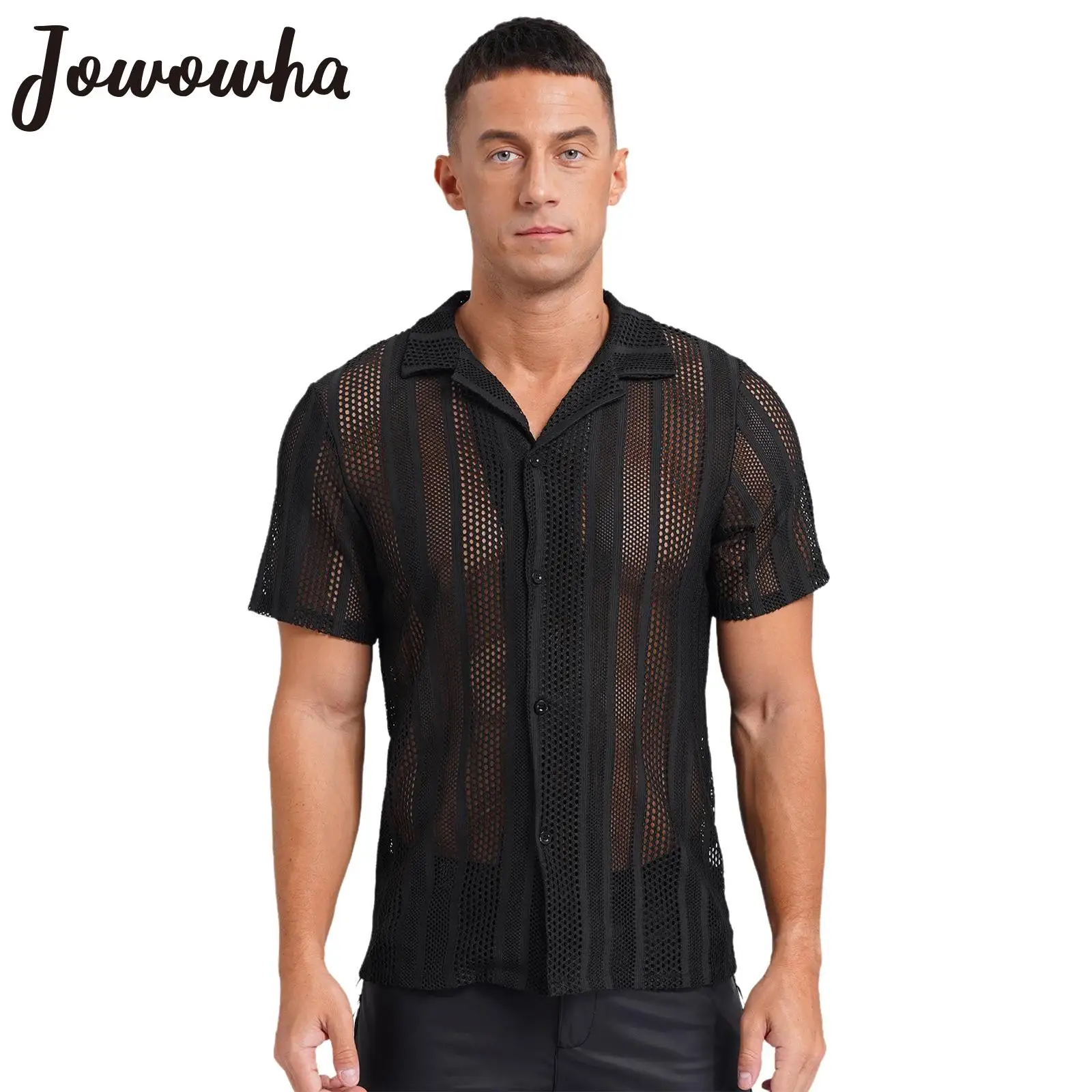 Mens Hollow Out Striped Shirt Summer Casual Short Sleeve Button Down Tops Hawaiian Shirts Vacation Beach Party Nightclub Clothes