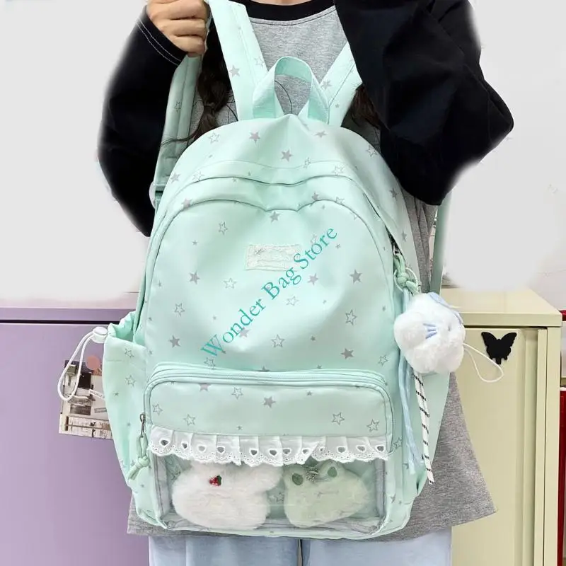 Student Star Print Clear Pocket Backpack Casual Rucksack Women Casual Large Capacity School Bookbag Lace Trim Travel Daypack