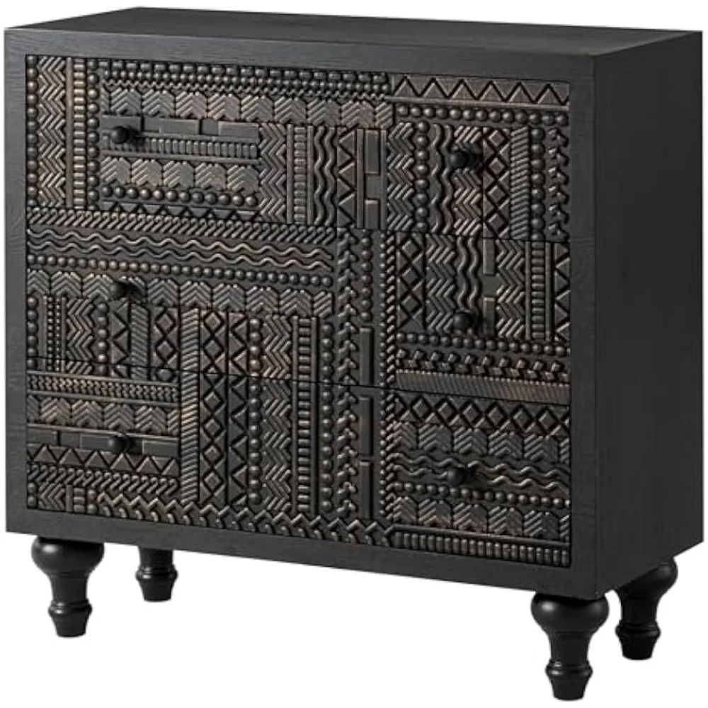 3 Drawer Farmhouse Dresser with Geometric Carved Pattern, Vintage Accent Wood Storage Chest Nightstand for Living Room, Bedroom,