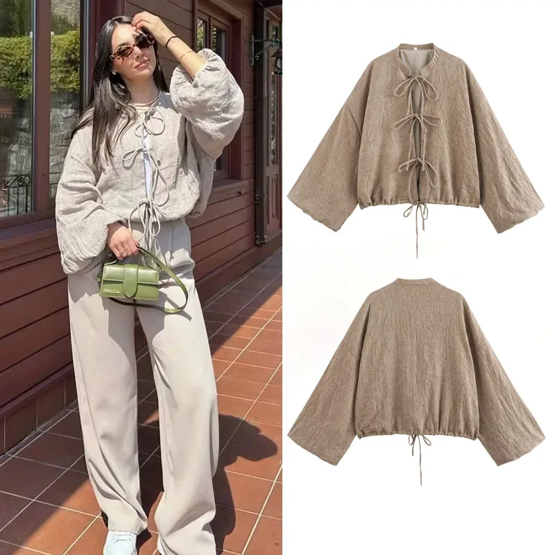 

Round Neck Tie Up Long Sleeved Short Casual Style T-shirt Woman Long Sleeve T-Shirts Women Basic 2024 New Tshirts Tops overcoat
