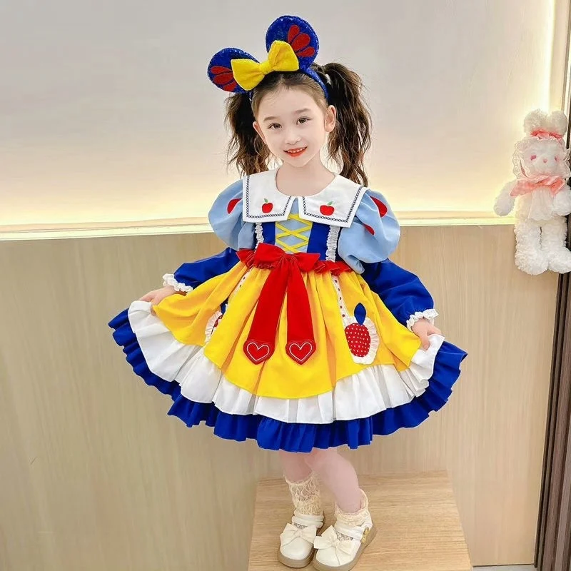 Disney Snow White Girl Lolita Princess Ball Gown Children Bow Design Puff Long Sleeve Cosplay Costume Birthday Party Skirt Gifts