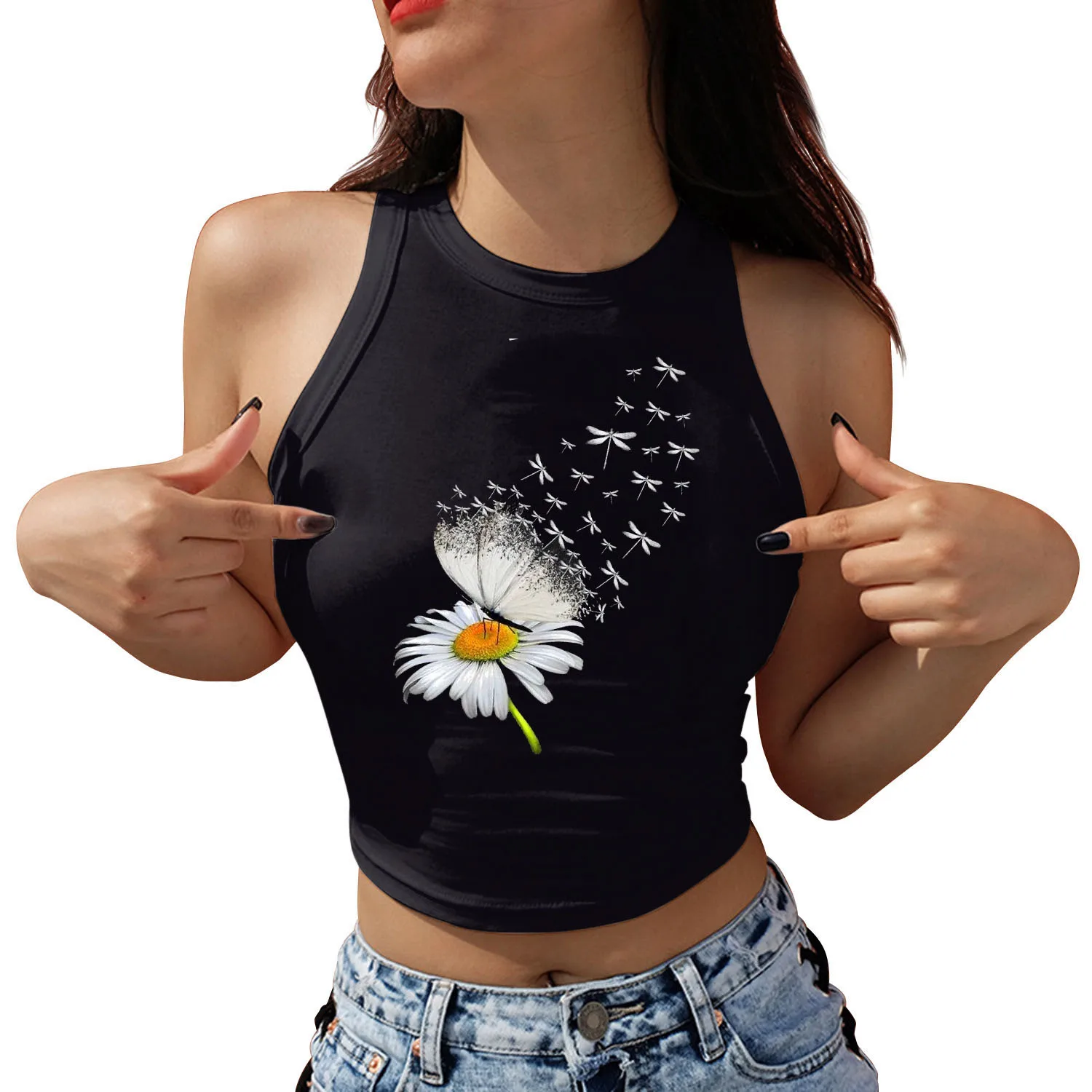 New Sunflower Butterfly Graphic Print Summer Women Y2K Crop Top Sleeveless Shirts Girls Sexy Tops Streetwaer Fashion Tank Tops