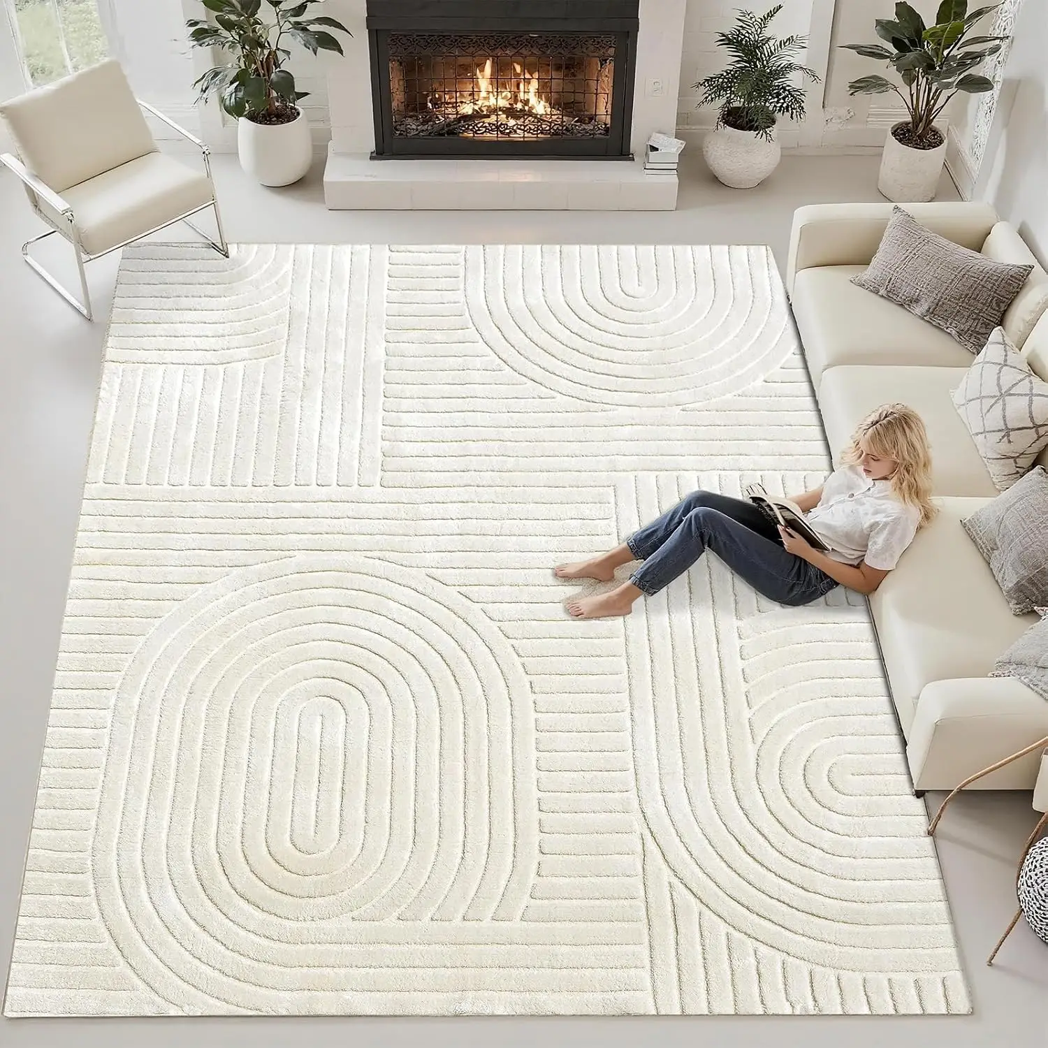 Indoor Washable Area Rug 8x10, Modern Geometric Bohemian Pattern Soft Large Floor Carpet, High Low Pile Textured Indoor Area Rug For Living Room Bedroom House Apartment Home Office, Beige - view 6