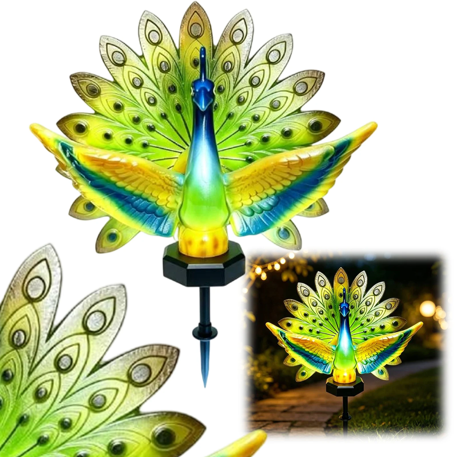 Outdoor Solar Peacock Garden Stake Sculpture LED Warm Glow Light Yard Lawn Art Decor