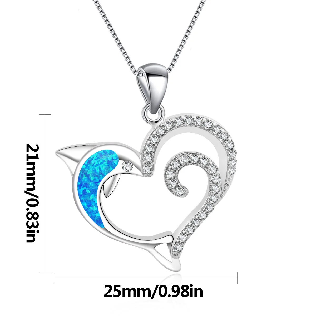 Dolphin Heart Necklace, Symbol of Love and Freedom, Silver Color Blue Synthetic Opal Pendant with CZ, Elegant Minimalist Gift