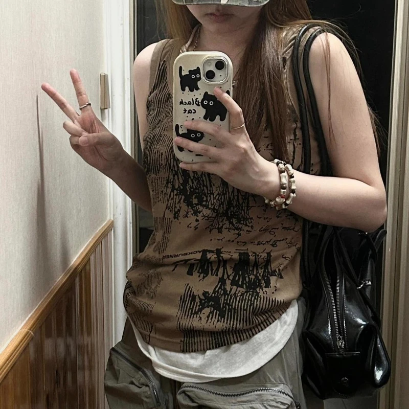 Vintage Gothic Tank Top Women Harajuku Punk Streetwear Casual Loose Summer Tanks 2024 Y2k Aesthetic Letter Printing Grunge Tops