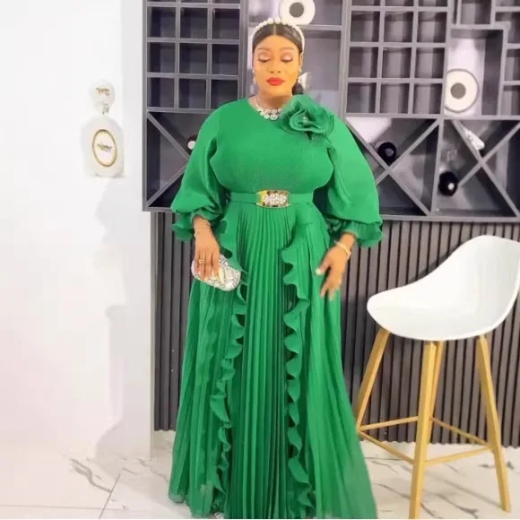 

Africa Clothing Women Vintage Chiffon Dress Ruffles Puff Sleeves 3D Flower Waist Belt Fashion Female Autumn Evening Party Gowns