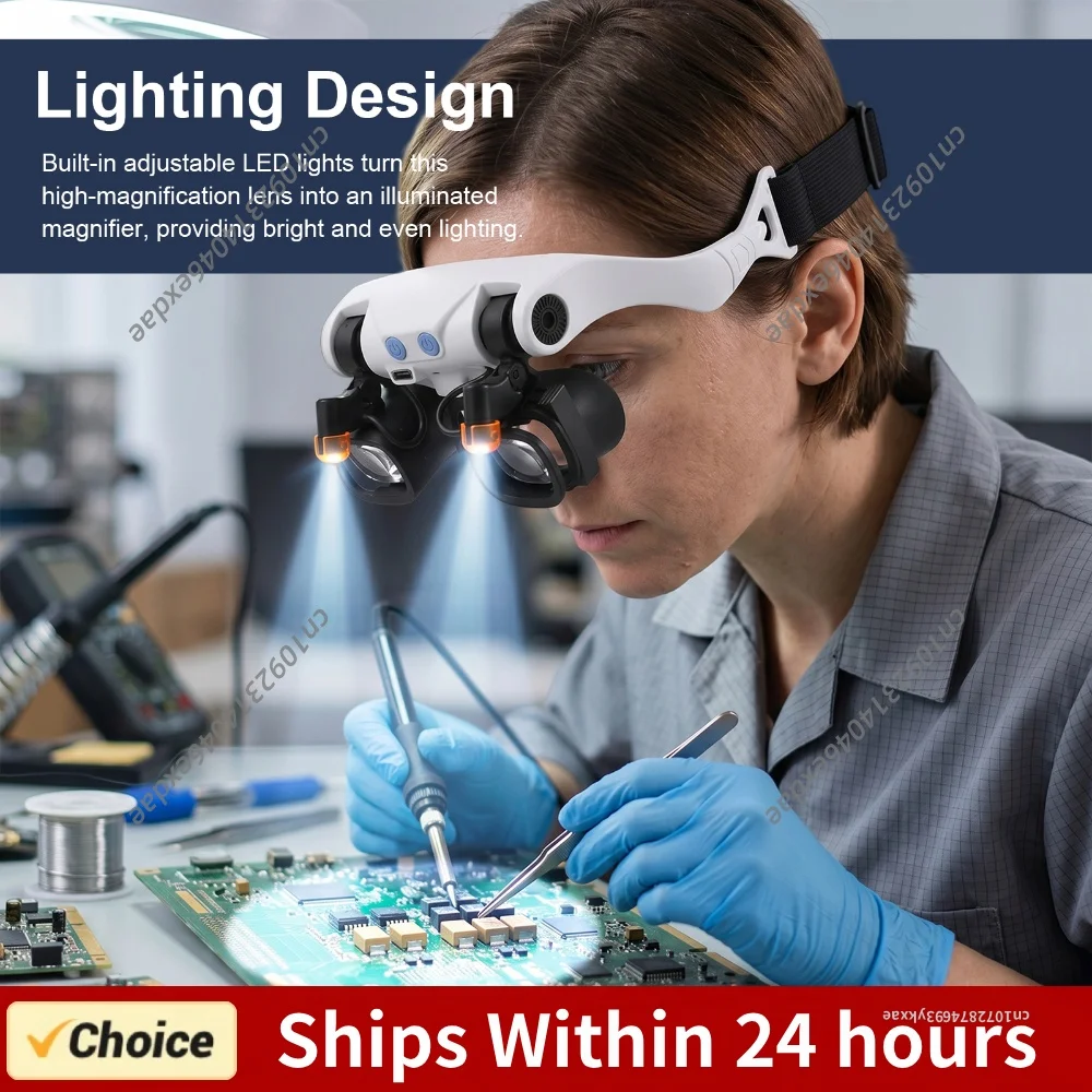 Illuminated Magnifying Eyes Glass with LED Light with 10 Interchangeable Lenses for Jewelry Soldering Craft Electronics Repair