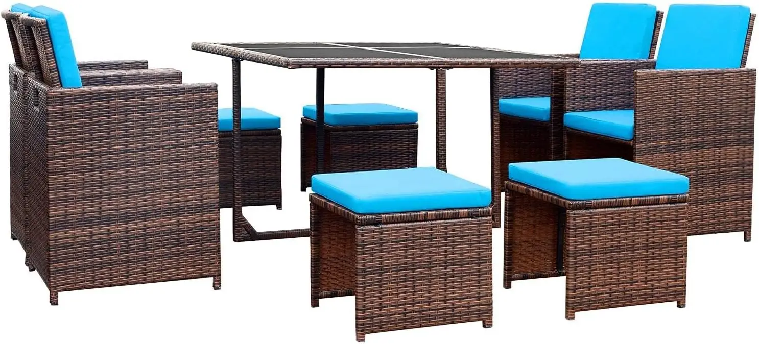 

9 Pieces Patio Dining Sets Outdoor Space Saving Rattan Chairs with Glass Table Patio Furniture Sets Cushioned Seating and Back