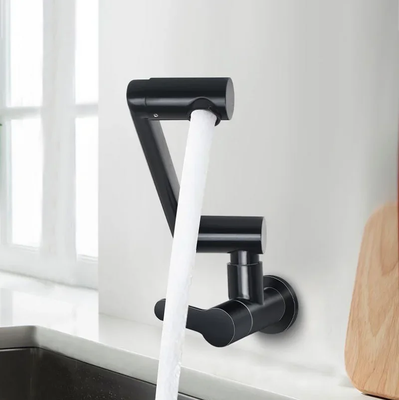 Wall Mounted Universal Folding Kitchen Faucet Retractable Single Cold Water Bibcock Basin Sink Balcony Laundry Tap 360 Rotation