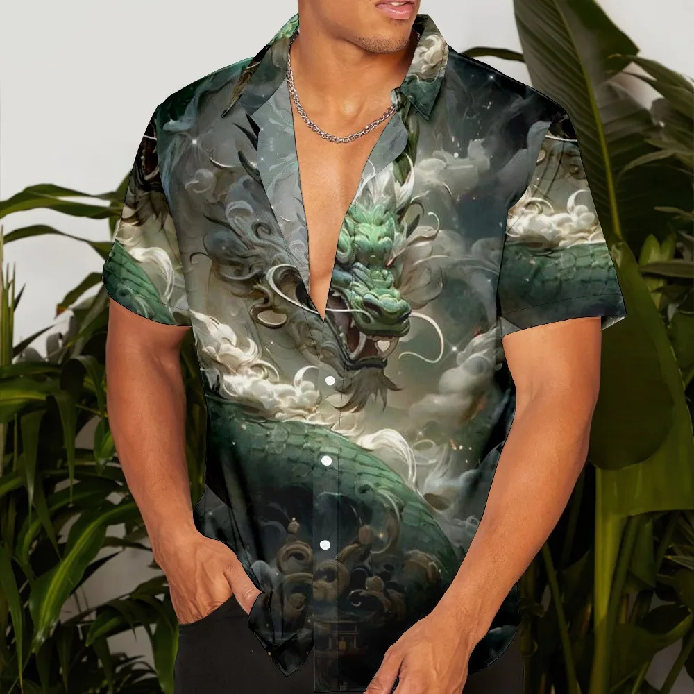 3D Dragon Printed 2024 Shirts For Men Beach Party Blouse Men's Clothing Street Harajuku Tops Loose Oversized Shirts