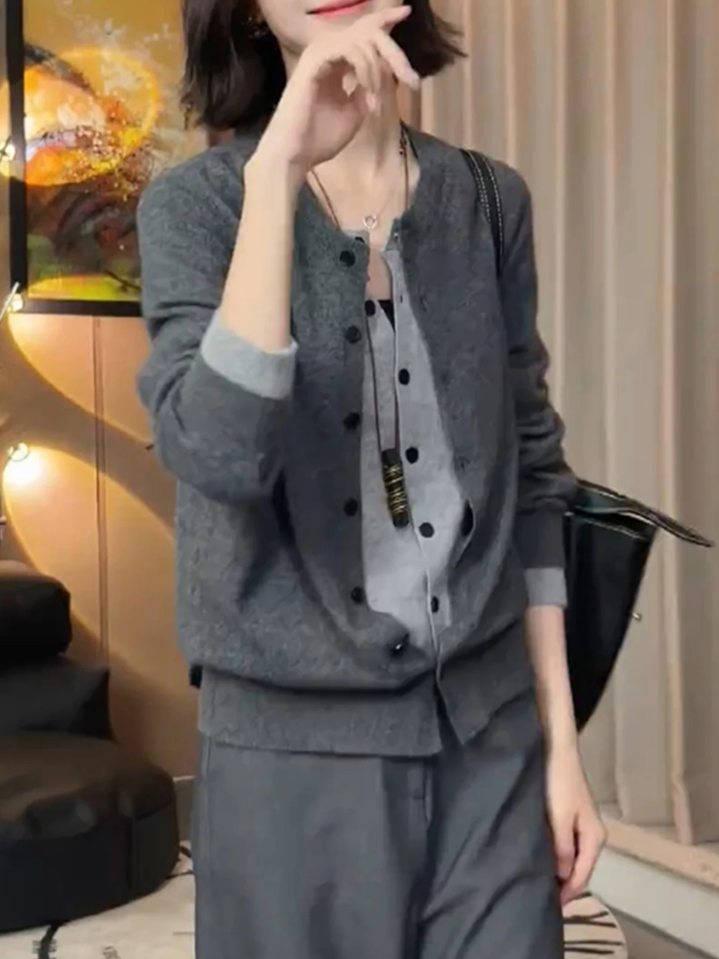 Couleur Blo tricots rond Ne Long Sve Base irt coréen Sle automne Faion faux deux pièces minceur pull Cardigan