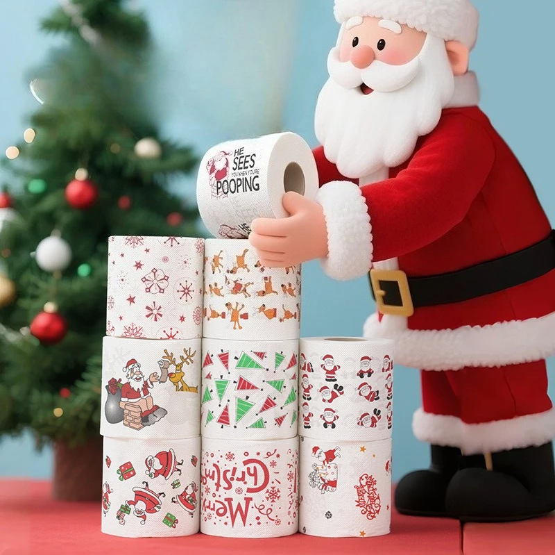 Christmas Colorful Toilet Paper Roll Printed Funny Holiday Gift Tissue Thickened Bathroom Paper