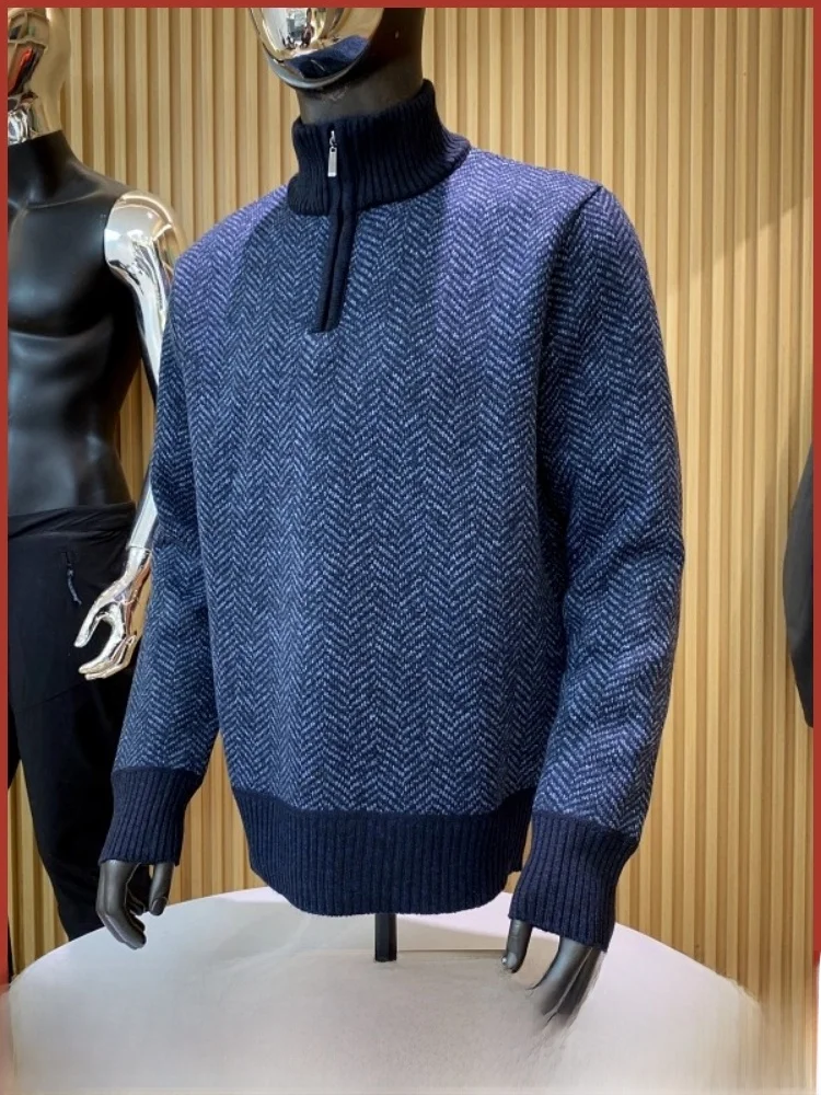 

Текстурированный мужской вязаный свитер с воротником-стойкой на молнии и жаккардовым узором на подкладке, осень-зима, теплый модный
