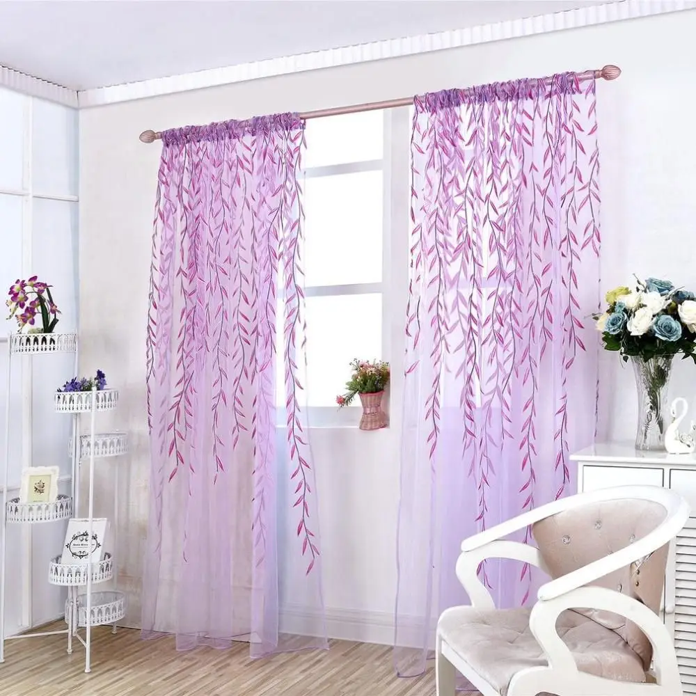 Wicker Style Purple Green Transparent Curtains Leaves Curtains Pastoral Style Floral Window Decorative for Bedroom Living Room