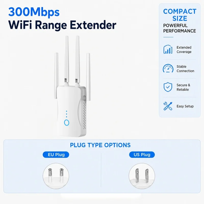 Picture 7: Home WiFi Range Extender 300Mbps 2.4GHz Wireless WiFi Repeater and Internet Signal Booster for Bedroom Office Smart Devices