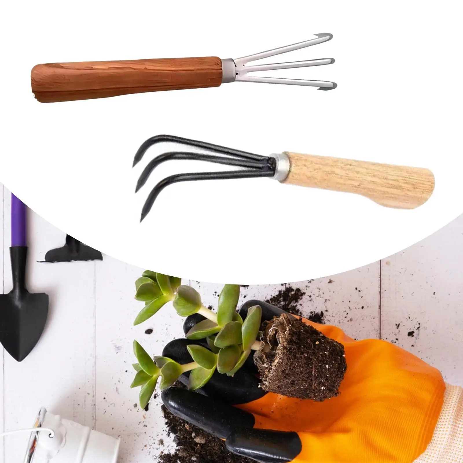 Hand Rake 3 Prong Compact Wooden Handle Portable Handheld Multifunctional Mini Hand Tiller Garden Tool for Planting Weed Removal