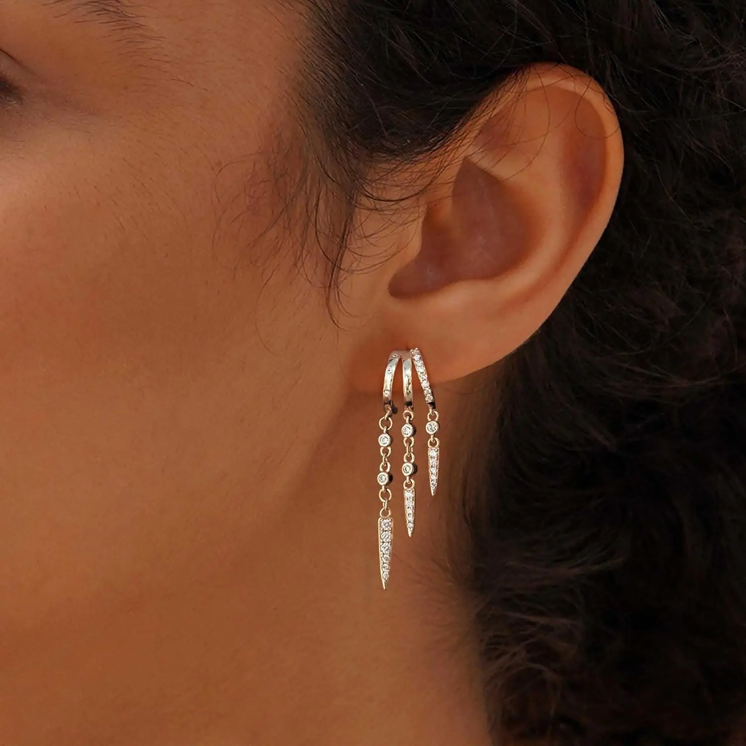 Women Dangle Earrings 14k Real Gold Plated Triple Huggie Stud Earrings Statement Chain Earring Dainty Drop Earrings Jewelry Gift