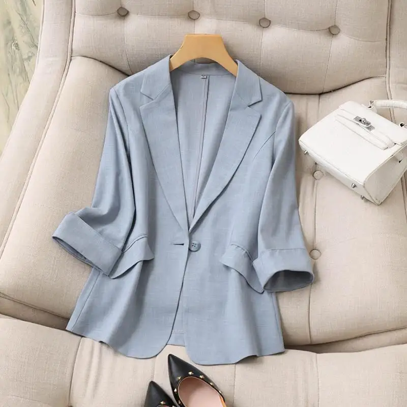 Blazer wanita, tiga perempat, ramping, gaya Korea, musim semi, musim panas, sederhana, modis